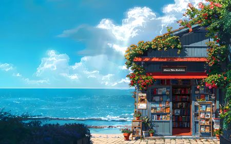 宁静的海边书店 花卉装饰 蓝天白云与大海 4K电脑壁纸图片