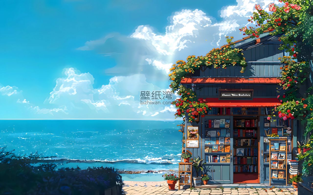 宁静的海边书店 花卉装饰 蓝天白云与大海 4K电脑壁纸图片