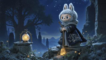 Labubu在夜晚森林中手持魔法灯，神秘的山峦和发光的灯笼，4K高清电脑壁纸