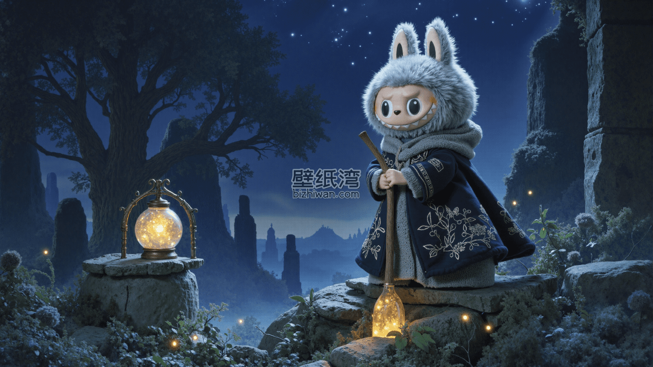 Labubu在夜晚森林中手持魔法灯，神秘的山峦和发光的灯笼，4K高清电脑壁纸