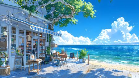 海边小店 绿树、蓝天和大海 4K高清电脑壁纸