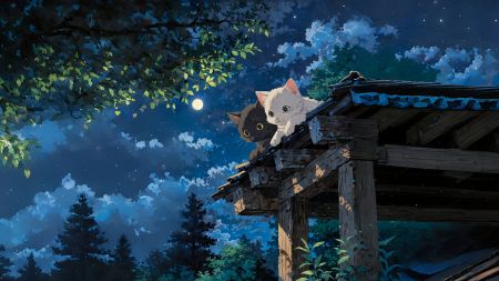 夜晚屋顶上的猫咪与月亮 蓝色的云 4K壁纸图片