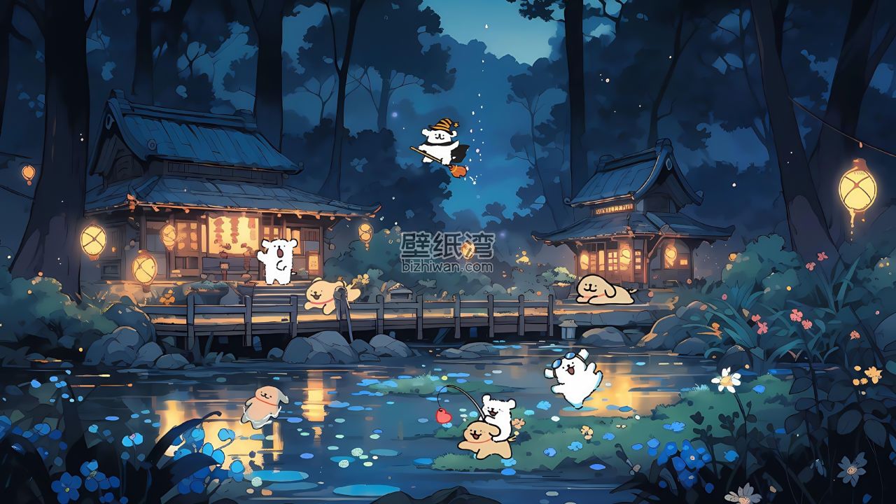 夜晚森林中的小屋和可爱动物们 4000*2250 高清壁纸图片