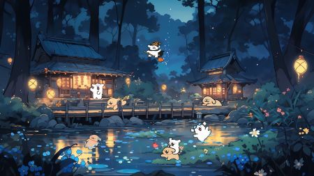 夜晚森林中的小屋和可爱动物们 4000*2250 高清壁纸图片