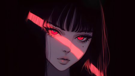 二次元动漫女孩的红色眼睛和光束