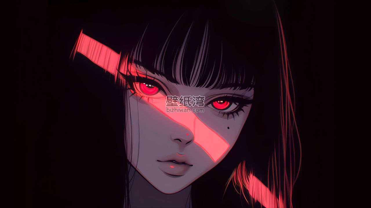 二次元动漫女孩的红色眼睛和光束
