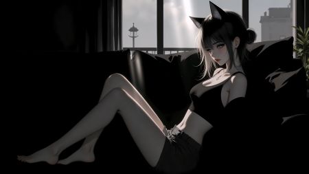 猫耳长腿动漫美女坐在沙发上，窗外阳光照射进来 7680*4320 8K图片