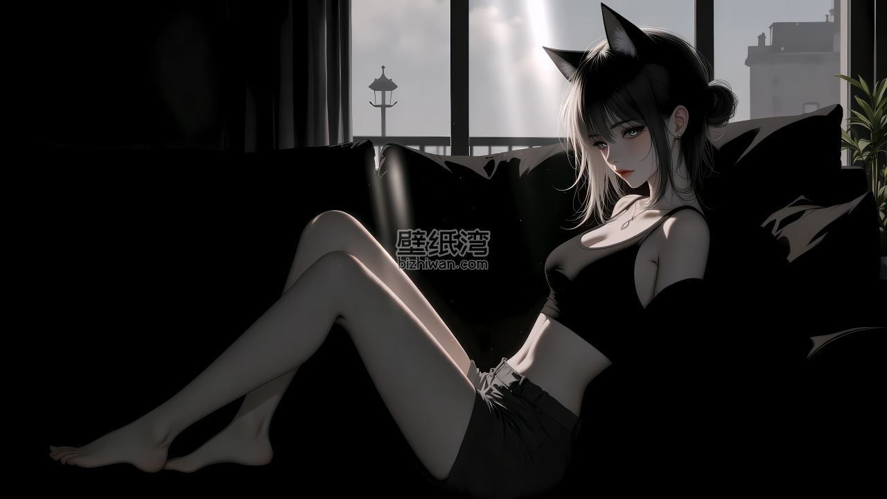 猫耳长腿动漫美女坐在沙发上，窗外阳光照射进来 7680*4320 8K图片
