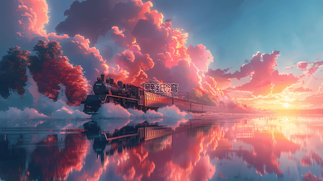 夕阳下的火车穿越水面，天空和云彩映射在水中，3840*2160 图片壁纸