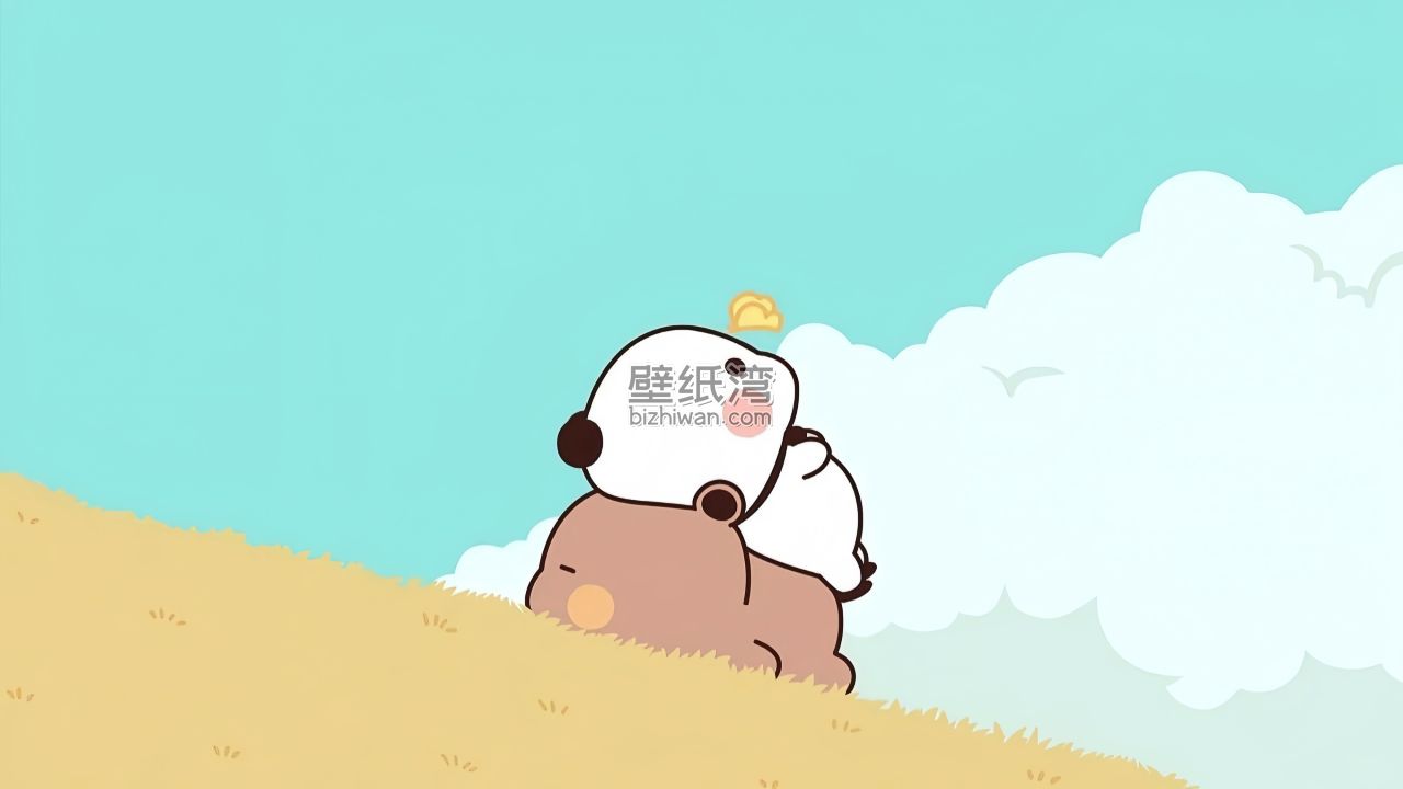 一二布布卡通熊猫在沙滩上休息 4K卡通壁纸图片