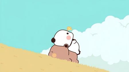 一二布布卡通熊猫在沙滩上休息 4K卡通壁纸图片