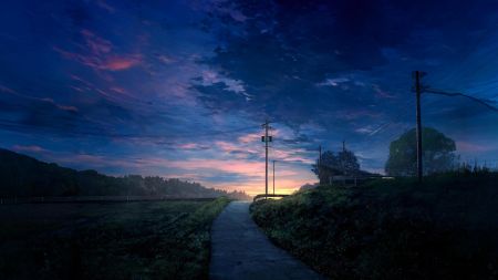 夕阳下的乡村小路、电线杆、田野  4000*2250壁纸
