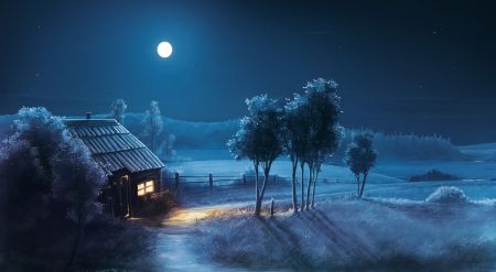 夜空中明亮的月亮 小屋、小路和树木  唯美夜景壁纸