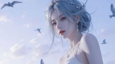 蓝发少女身穿白色礼服，冰雪公主，头戴装饰品，飞翔的海鸥 8K图片