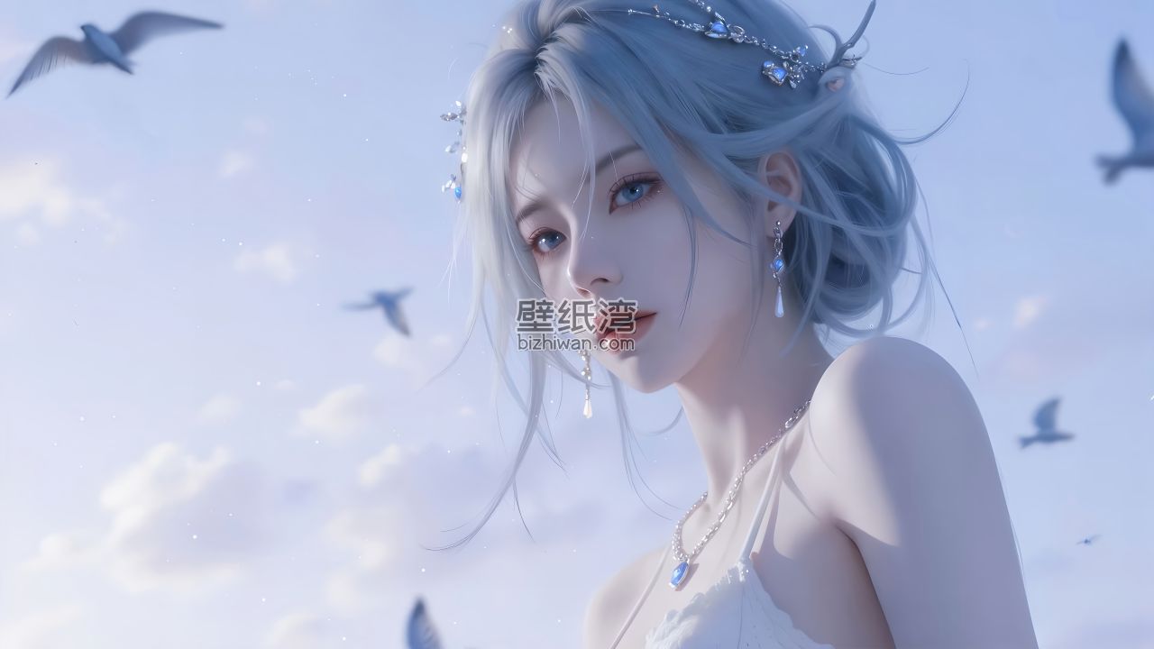 蓝发少女身穿白色礼服，冰雪公主，头戴装饰品，飞翔的海鸥 8K图片
