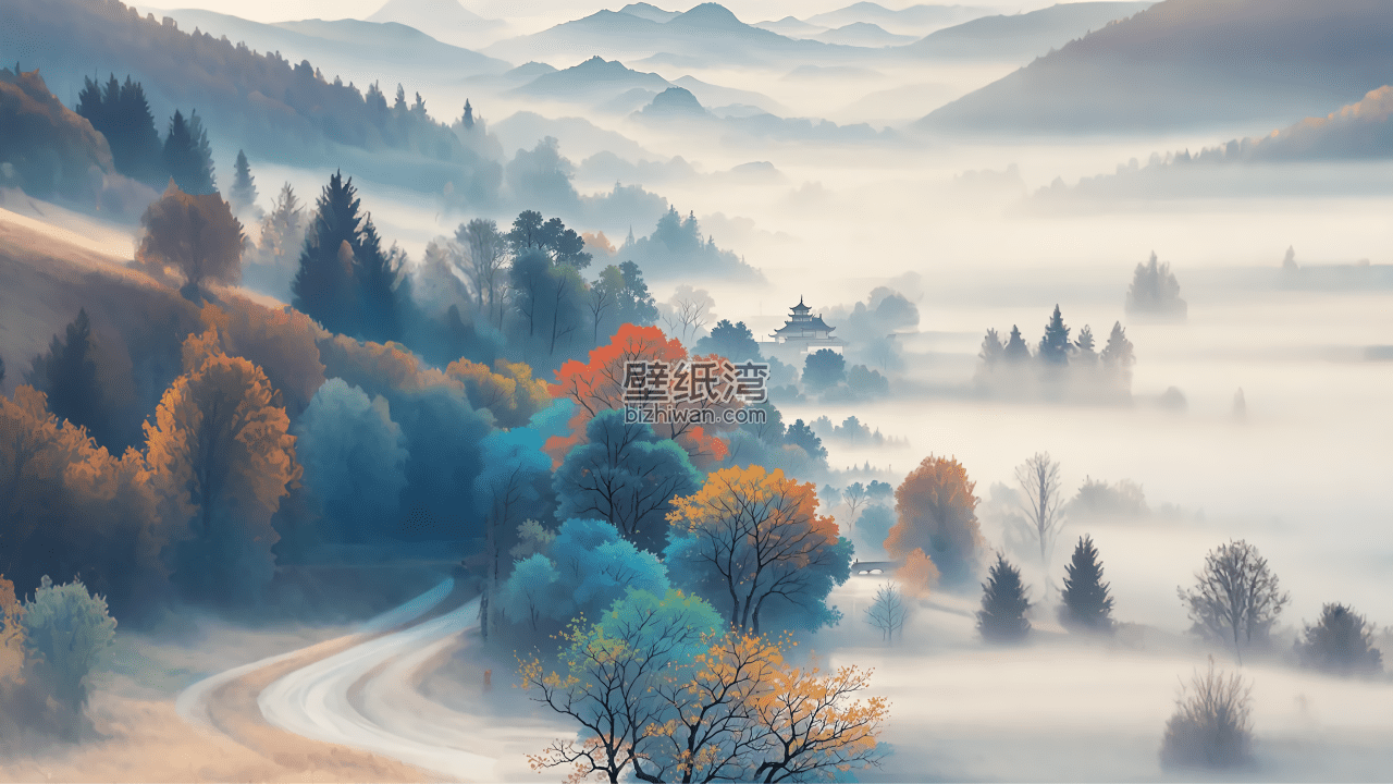 清晨山间雾气缭绕，树木色彩斑斓，道路蜿蜒穿过森林 3840*2160壁纸图片