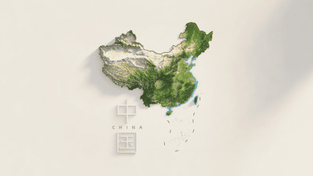 中国地图的三维立体展示，包含山川地貌和城市分布