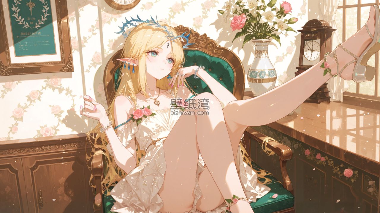游戏《鸣潮》卡提希娅 坐在复古椅子上，花卉装饰和花瓶 2560x1440壁纸下载