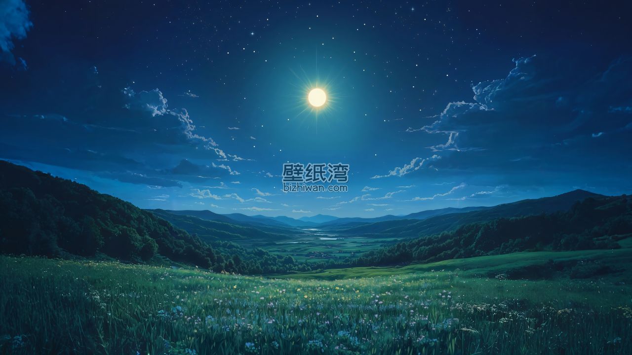 夜空下的山谷景色，满天繁星和明亮的月亮照亮了绿色的草地和远处的山脉 4K壁纸图片
