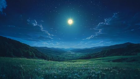 夜空下的山谷景色，满天繁星和明亮的月亮照亮了绿色的草地和远处的山脉 4K壁纸图片