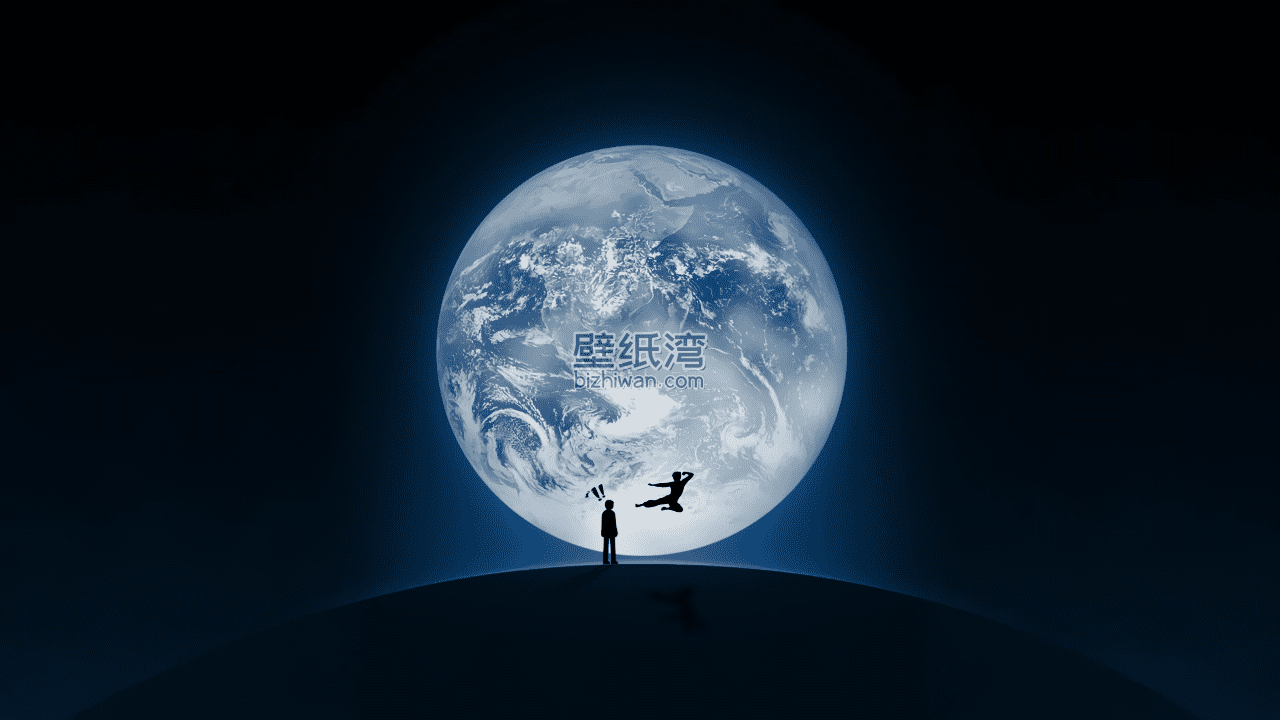 夜晚的地球背景下，两个人影站在山丘上 微信经典背景壁纸图片