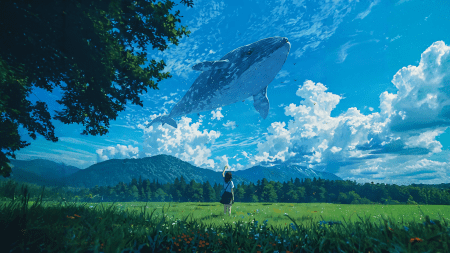 小女孩在草地上仰望天空中游动的鲸鱼 3840*2160壁纸图片