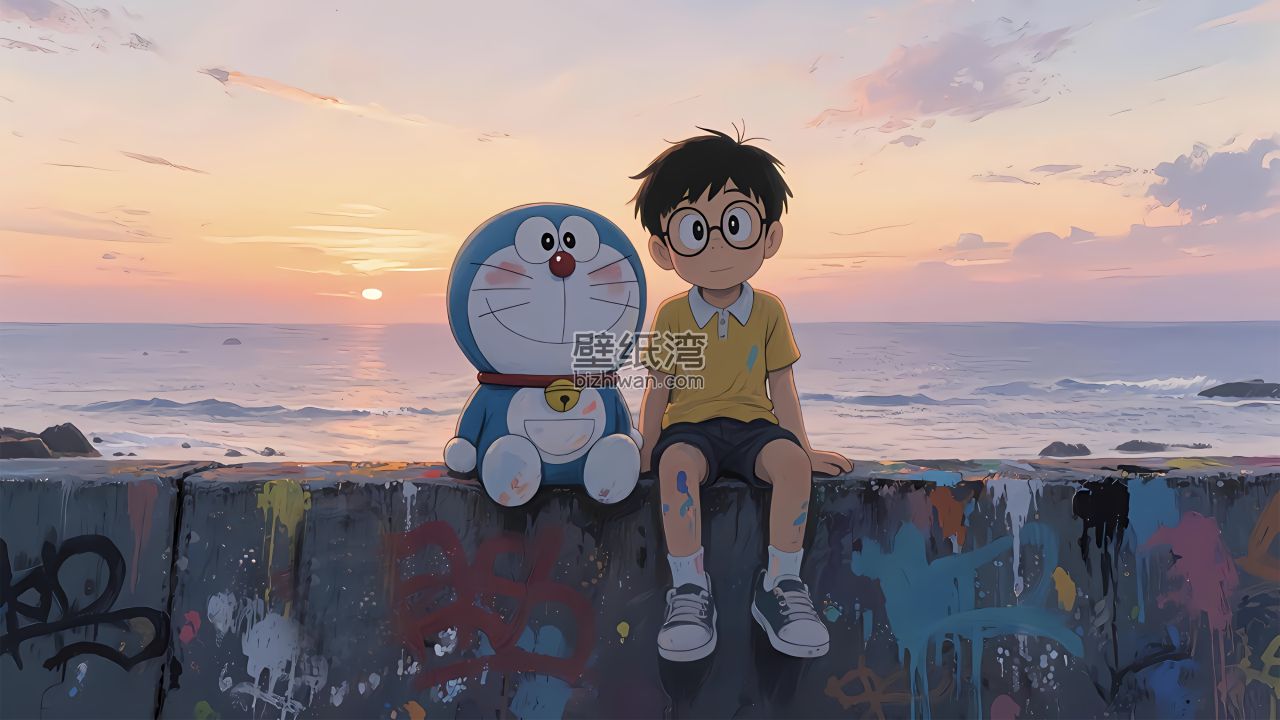 哆啦A梦和大雄坐在海边的涂鸦墙上，夕阳西下