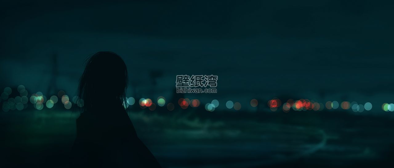 夜晚城市灯光下的女孩剪影 6K壁纸图片