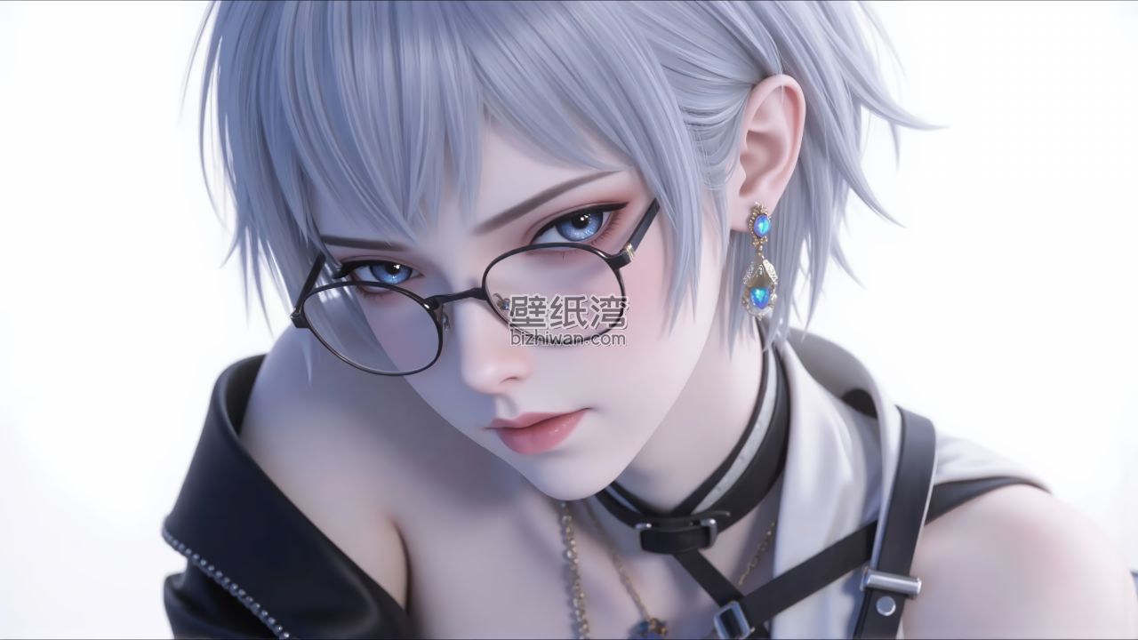 御姐风 银发戴眼镜的短发动漫女孩特写图片
