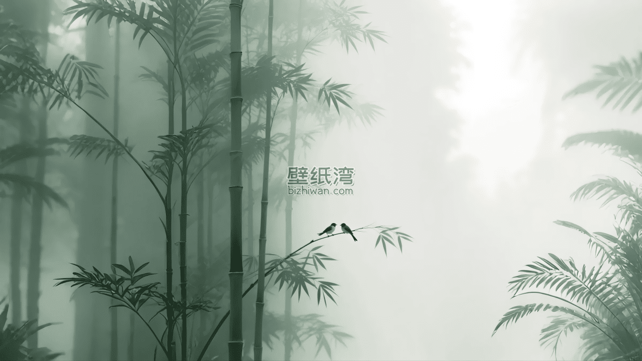 竹林中的小鸟在薄雾中栖息 国风插画国风水墨图片