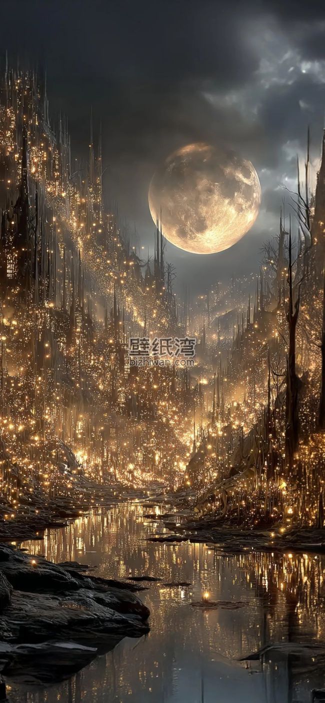 月光下的奇幻森林，树木闪烁着光芒，倒映在平静的水面上高清手机壁纸