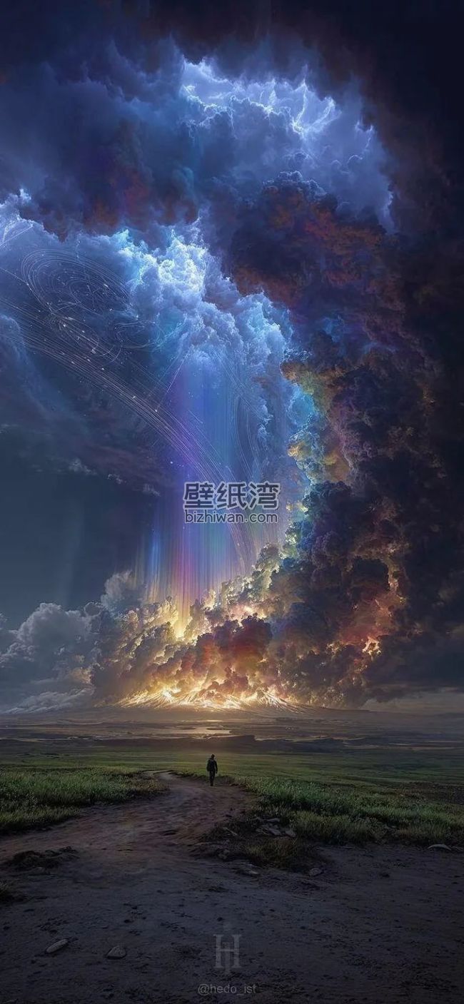 神秘的天空奇观，巨大的云层形成拱门，彩虹光芒照射大地