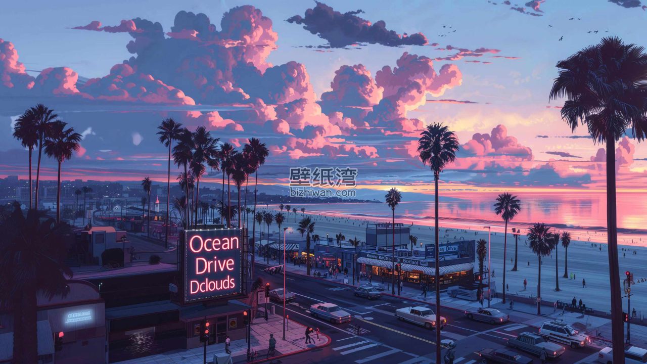日落时分的海滩街景，棕榈树和霓虹灯招牌 4K图片壁纸