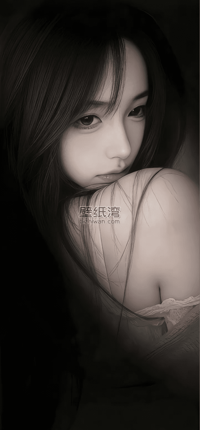 黑白色长发披肩女孩侧脸图片