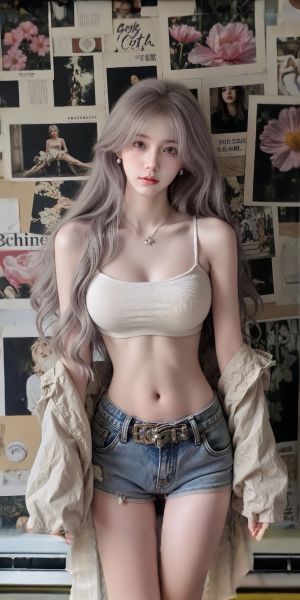 白色吊带 牛仔短裤 美女 站在背景墙前，墙上贴满了照片和花朵 壁纸