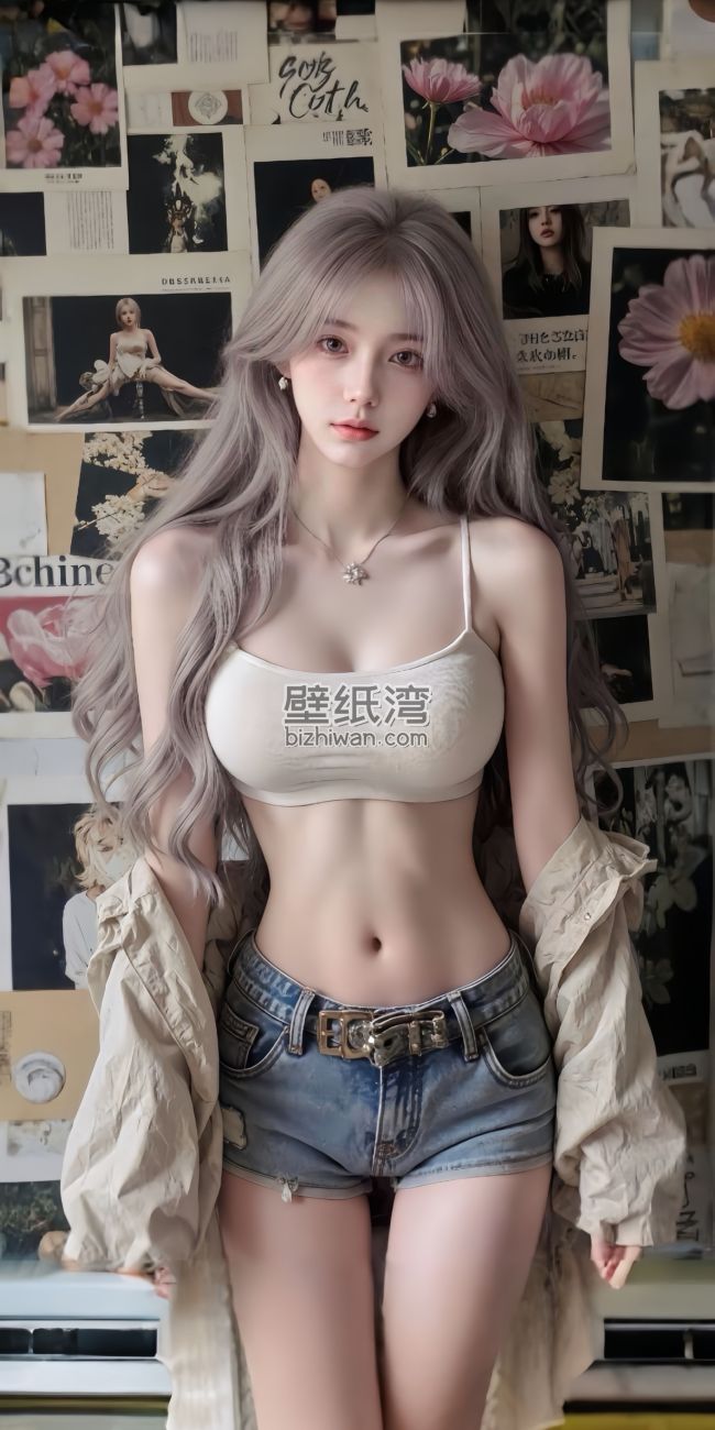 白色吊带 牛仔短裤 美女 站在背景墙前，墙上贴满了照片和花朵 壁纸