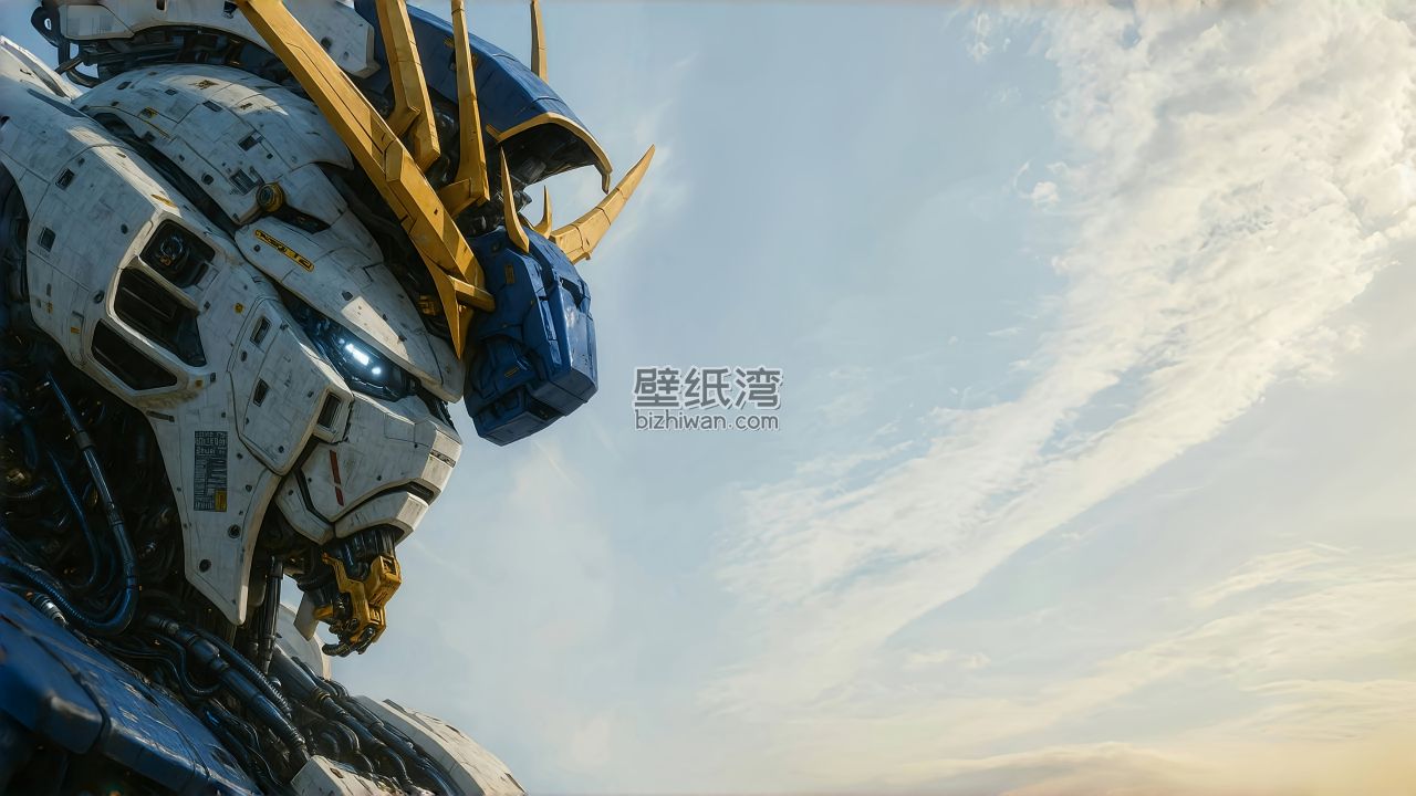 变形金刚中的机器人头部特写，蓝天白云背景 8K壁纸图片