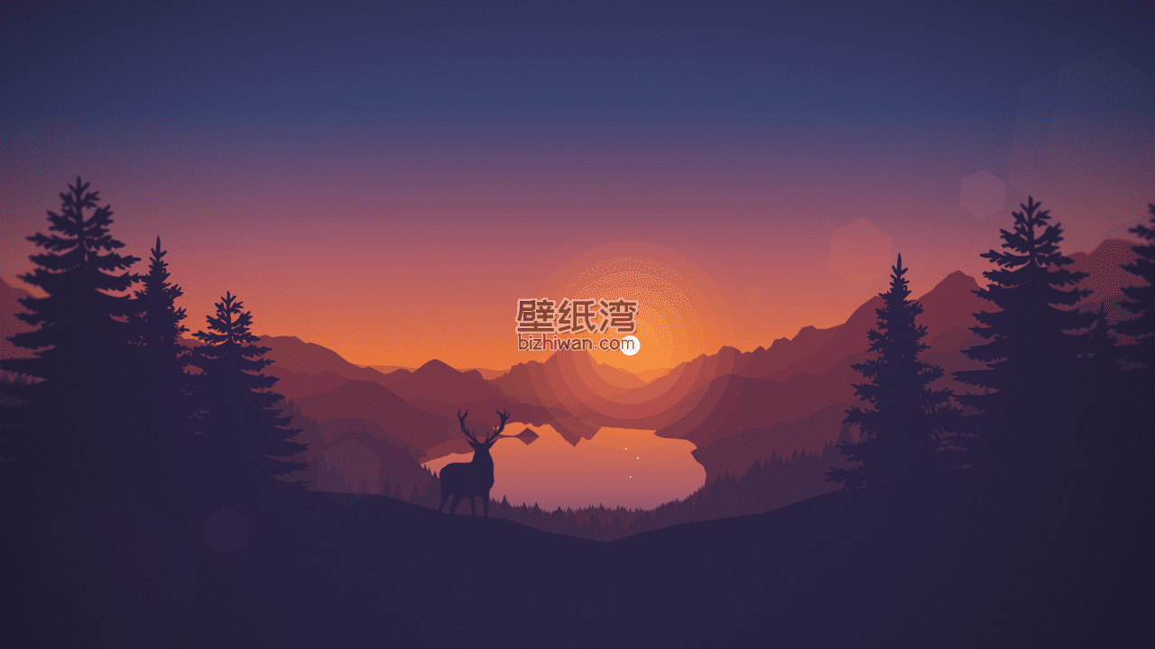 日落时分的森林与湖泊，一只鹿站在山丘上 1920x1080图片电脑壁纸