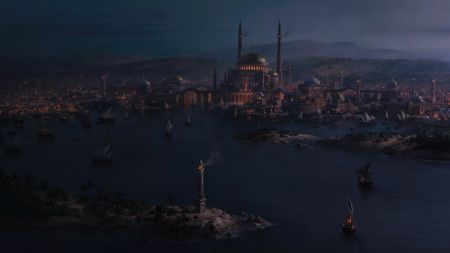 伊斯坦布尔夜景，蓝色清真寺与船只