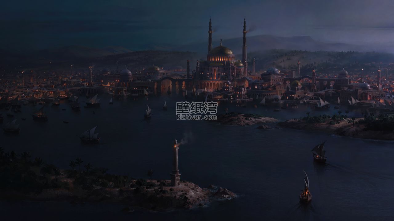 伊斯坦布尔夜景，蓝色清真寺与船只