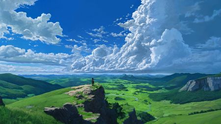 动漫风格的山间风景，蓝天白云下的绿色草原和岩石