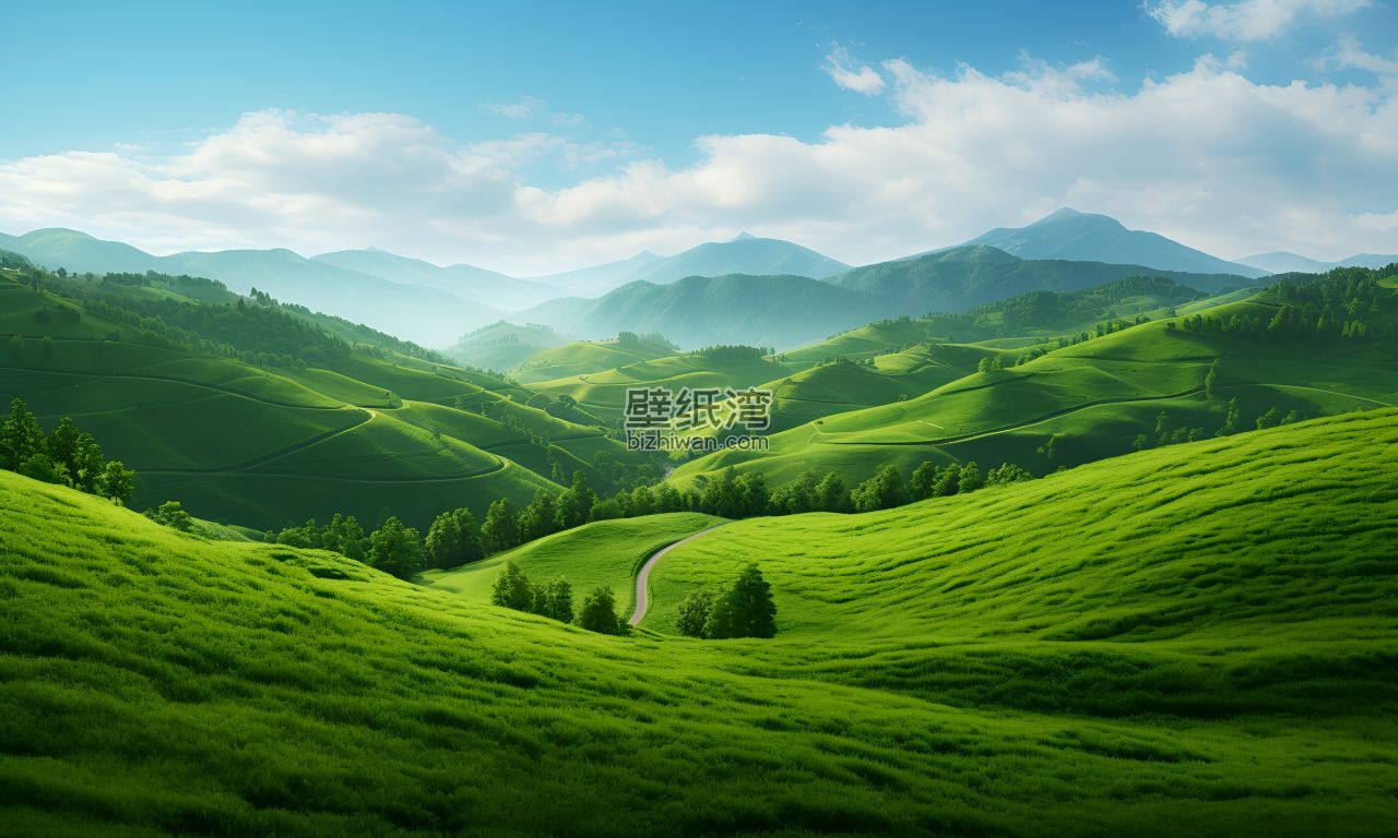 绿色山谷中的蜿蜒小路，远处山峦叠嶂，蓝天白云点缀其间,护眼绿色壁纸图片