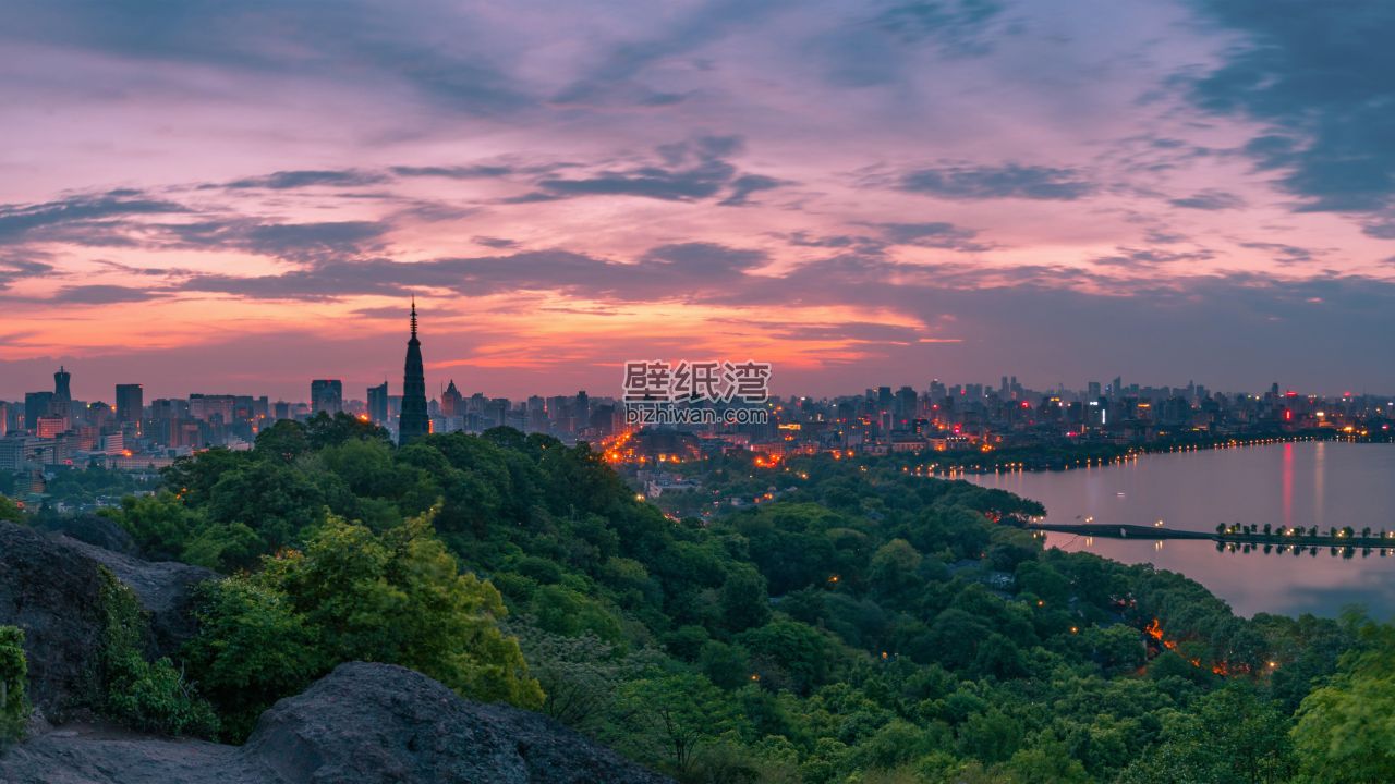 城市夜景与湖畔风光，远处高楼林立，近处绿树成荫 8K壁纸