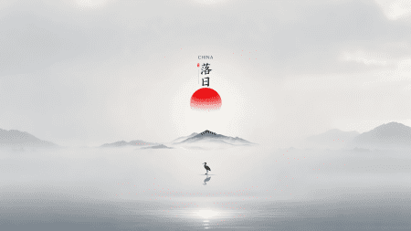 中国山水画风格的落日，红日悬于山间，水面倒映着孤舟