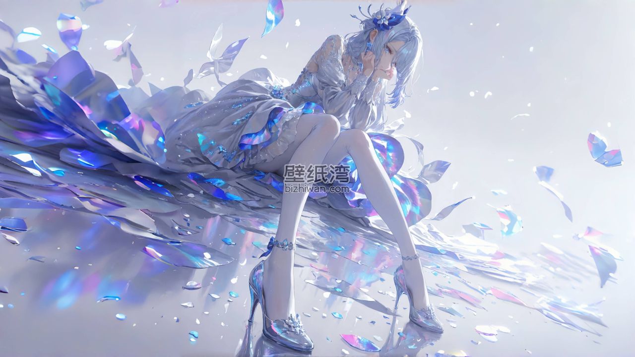 动漫女孩坐在地上，身穿华丽的蓝色服装和高跟鞋，周围蝴蝶飞舞