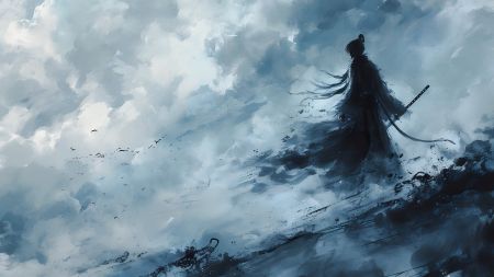 古代武士背影，手持长剑，站在风雪中