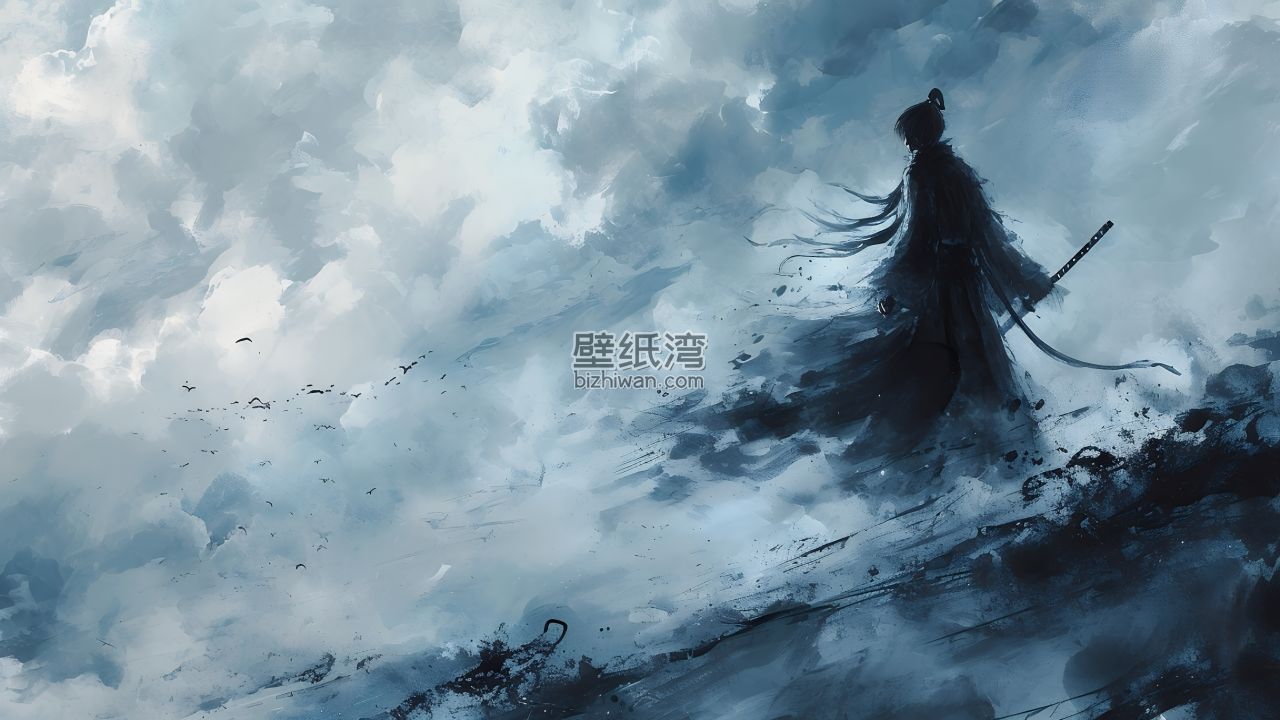 古代武士背影，手持长剑，站在风雪中
