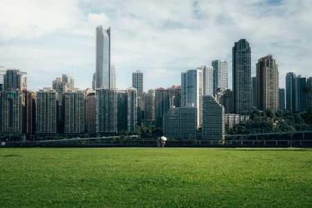 城市高楼与绿色的草地图片