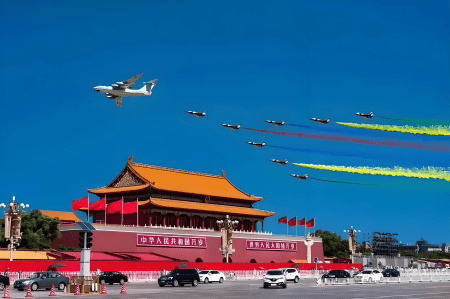 阅兵，天安门广场，空军编队释放彩色烟雾