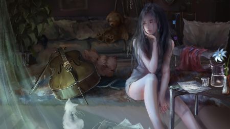 室内美女坐在沙发上，旁边有大提琴和泰迪熊